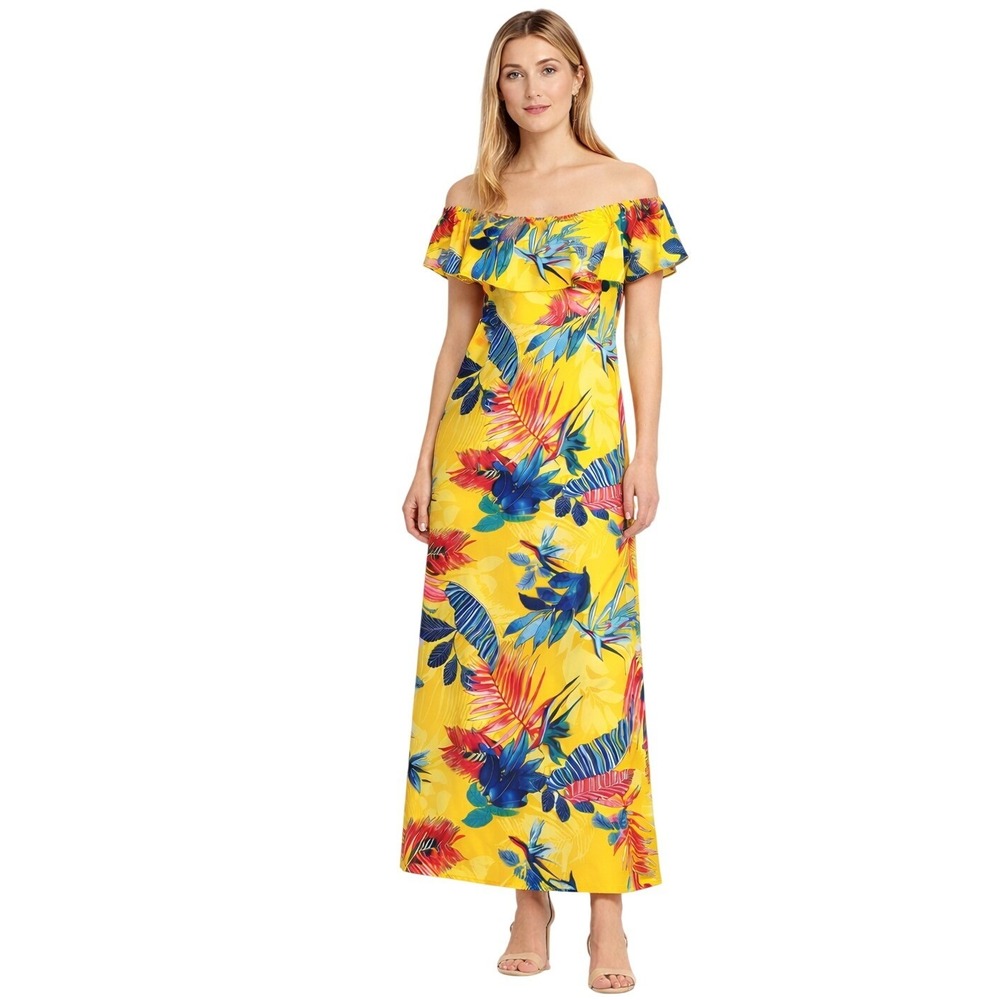 Tropical Floral Maxi‎ Dress Women Large Yellow Ruffle Off Shoulder